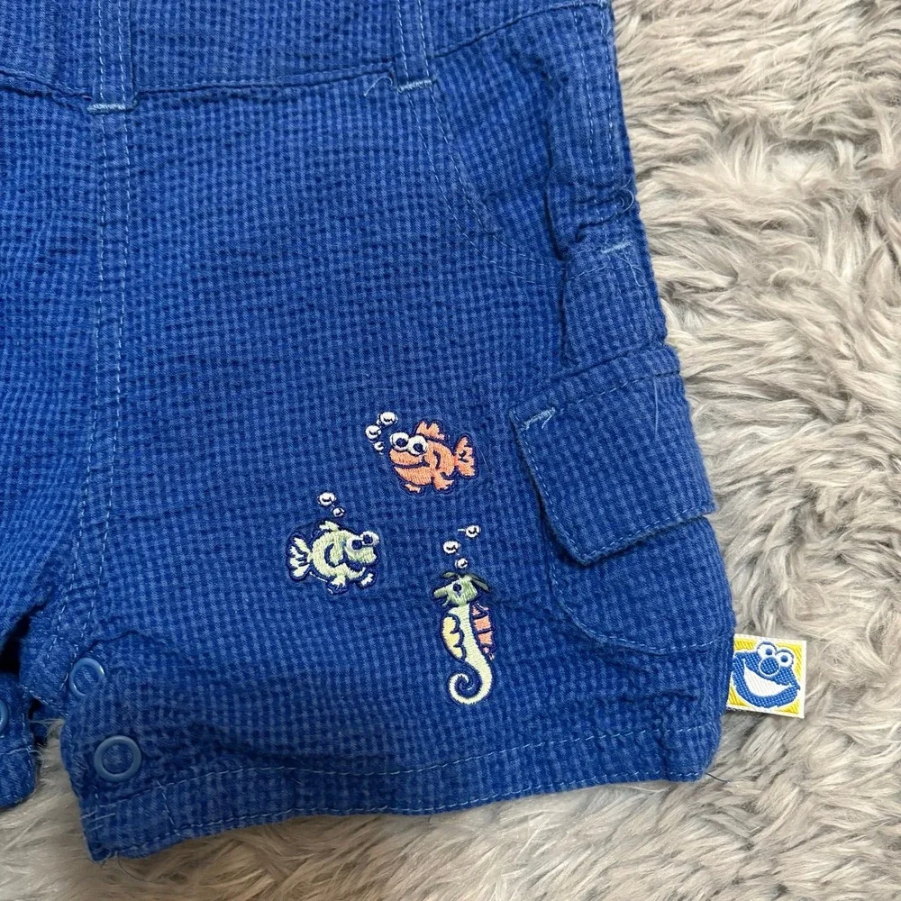 Vintage Y2K 2002 Sesame Street Cookie Monster Shorts Overall Blue‎ 3-6 months